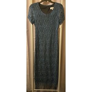 Harlow Women's Dress Green‎ Lace Overlay Silver Metallic Fringe Petite Size 8